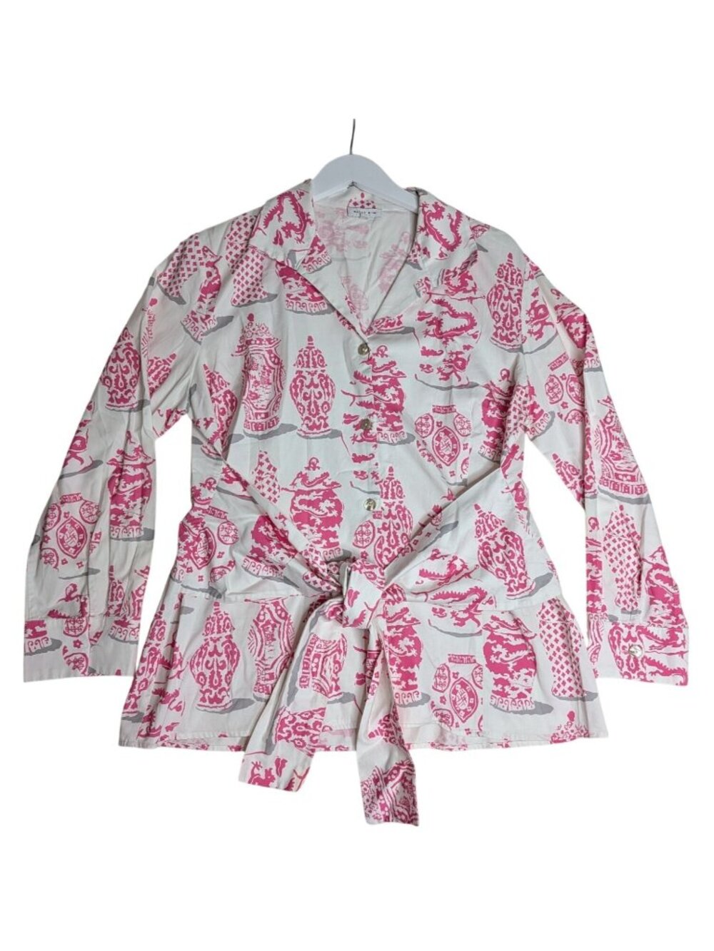 Patty Kim Sash Tie Blouse XL Chinoiserie Pink & White Button Front Minimalist Lu